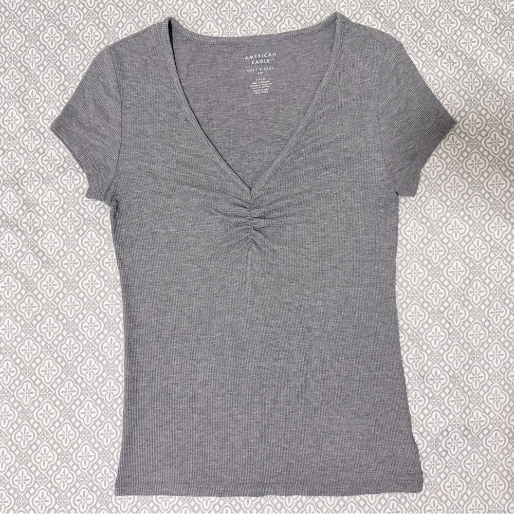 American Eagle Outfitters Charcoal Ruched V-Neck Top